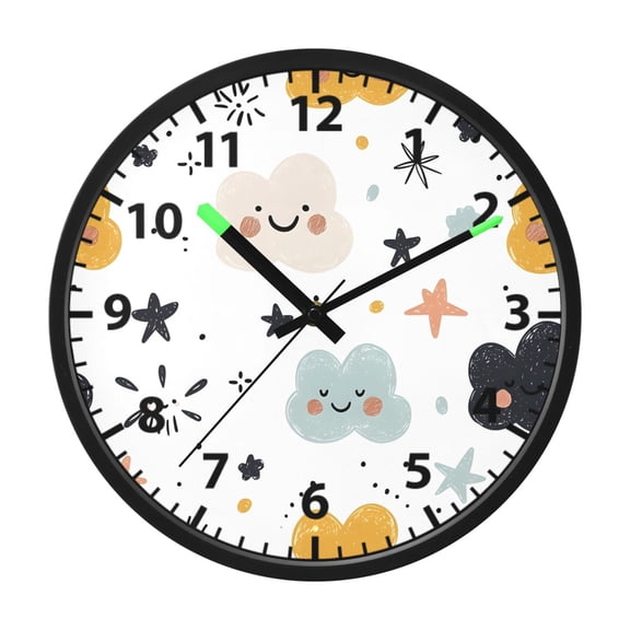 Color Cloud Pattern Wall Clock 12 Inch Voice Activated Night Light Silent Non Ticking
