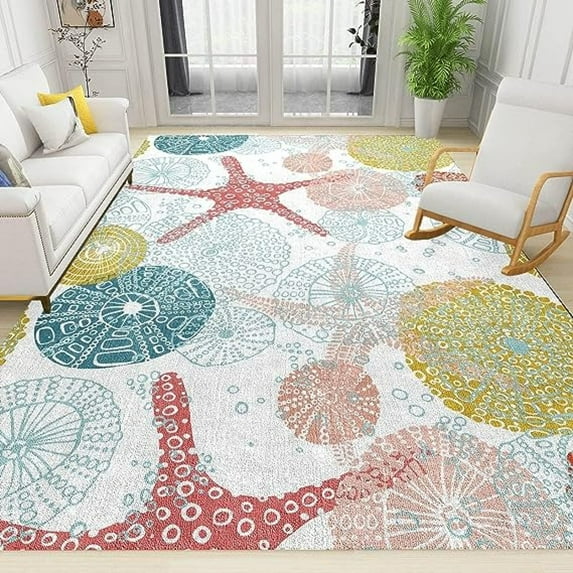 Color Coast Beach Starfish Area Rugs, Modern Coastal Ocean Art Home Decor Rug, With Anti-Slip Backing Washable Indoor Carpet For Living Room Bedroom Study Dining Room 5' x 6'