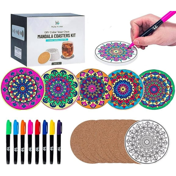 Color Your Own Coaster Mandalas w/Markers | 8 Absorbent Ceramic Tiles w/Cork Base | Gift Arts and Crafts DIY Kit for ults, Hobby, Teens, Seniors, Women, Elderly