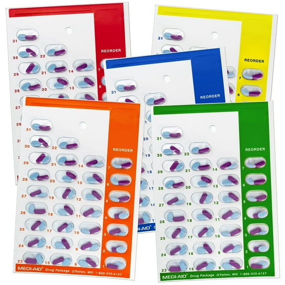 Color Coded Monthly Medication Blister Cards By Drug Package Inc, Cold Seal, Multicolor, 5 Pack distributed by Pillthing. 28 Day Pill Organizer, Color coded for time of day use