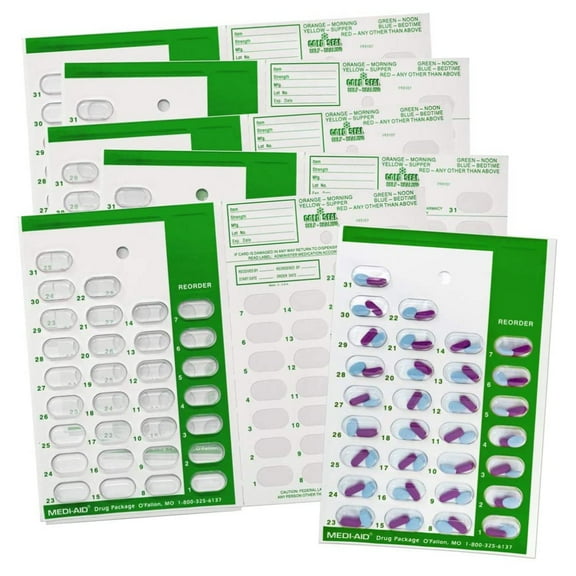 Pill Thing Monthly Medication Blister Cards, Cold Seal, Green, 6 Pack, Pharmacy Supplies