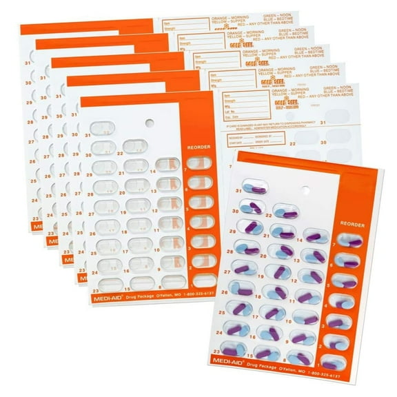 Color Coded Monthly Medication Blister Cards, Cold Seal, Orange, 6 Pack
