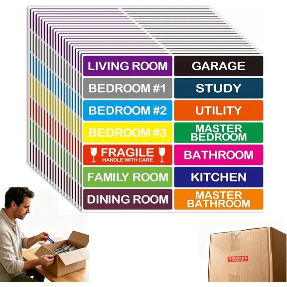 Color Coded Moving Labels for Boxes 20 Sheets, 280 Stickers 14 Color Varieties, Includes Fragile Labels, Residue-Free Removal, Strong Self-Adhesion, Multi-Surface Use