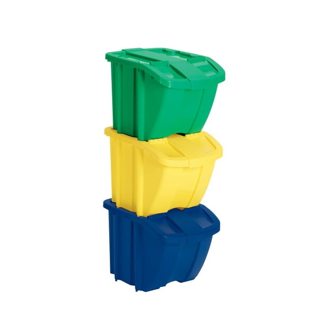 Color-Coded Plastic Stackable Recycling Bins - 3 Pc Set