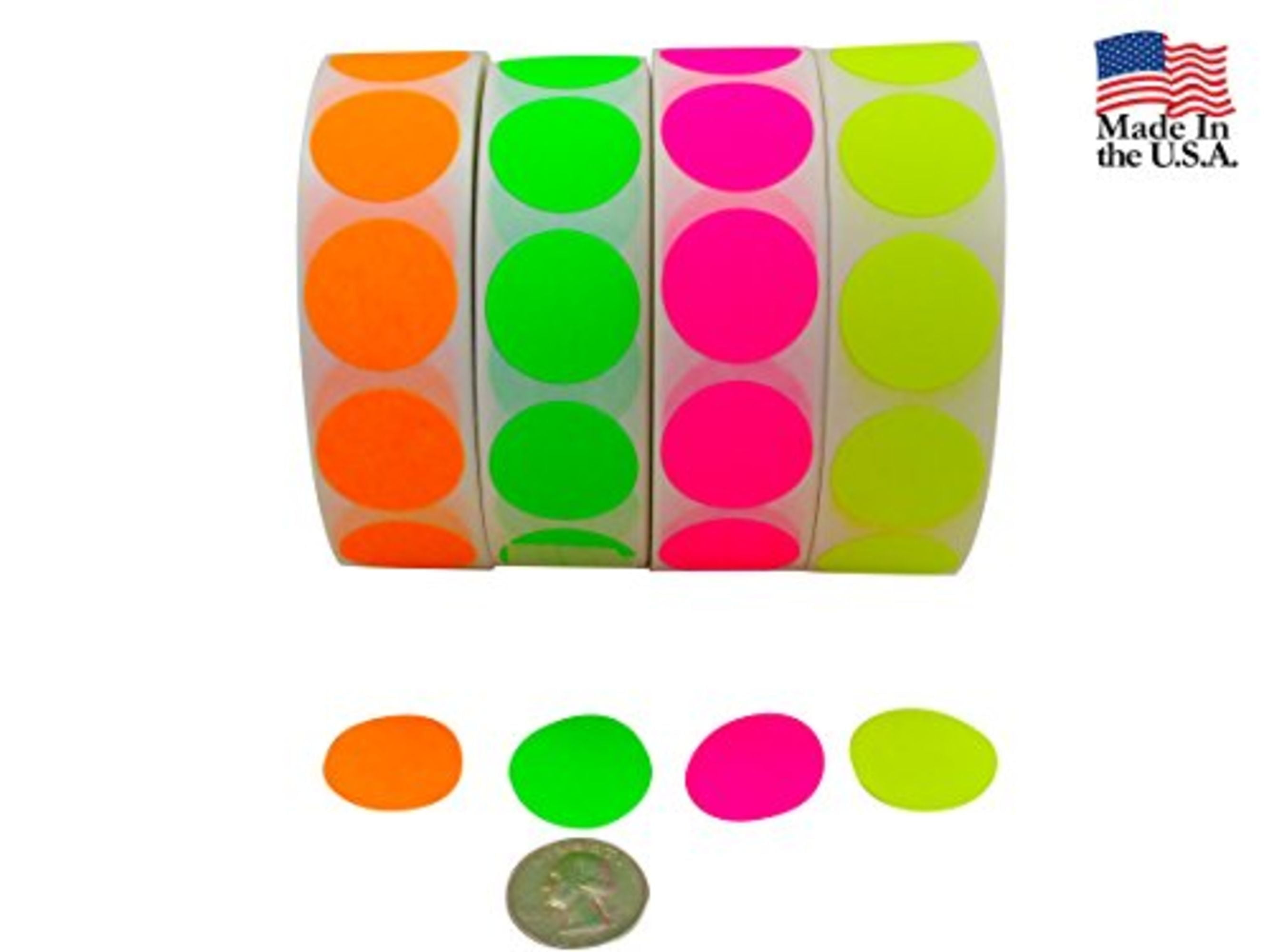 Color Coding Labels Super Bright Fluorescent Neon Yellow, Green, Orange & Pink Round Circle Dots For Organizing Inventory 1" 2,000 Total Adhesive Stickers (500 of each color)