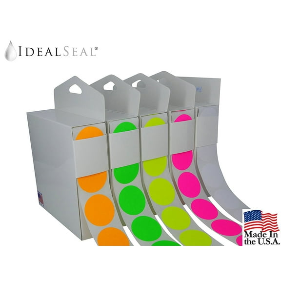 Color Coding Labels Super Bright Fluorescent Neon Yellow, Green, Orange, Pink, White Round Circle Dots + (Dispensing Box) 5000