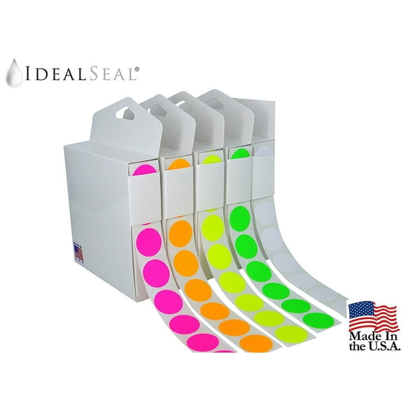Color Coding Labels Super Bright Fluorescent Neon Yellow, Green, Orange, Pink, White Round Circle Dots + (Dispensing Box) 7,500
