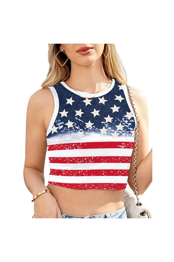 Prettady Color Cosplayer American USA Flag Crop Tank Tops for Women T Shirt Patriotic 4th of July Vest Tops B298-1005 M
