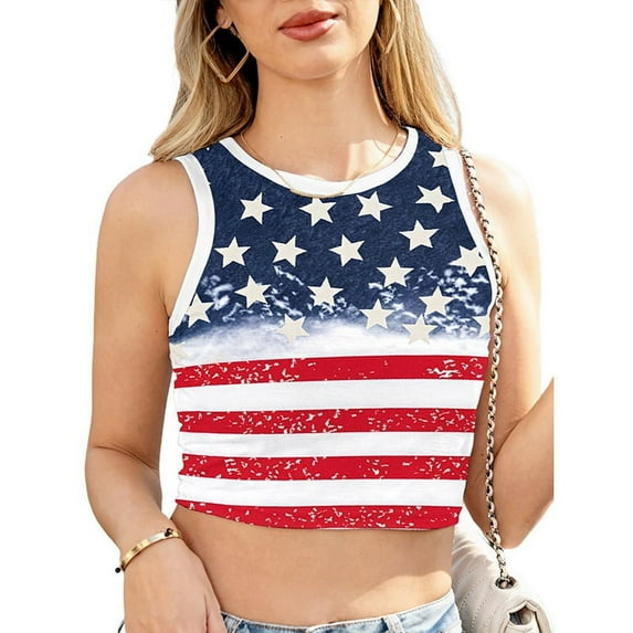 Color Cosplayer American USA Flag Crop Tank Tops for Women T Shirt Patriotic 4th of July Vest Tops B298-1005 XL
