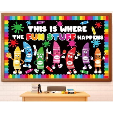 FURNIX Back To School Bulletin Board Decorations Set, Crayon Themed Classroom Decor Colorful Crayons Name Tags Cutouts Welcome Pack Crayon Bulletin Board