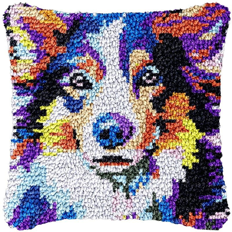 Color Dog Latch Hook Pillow Cover Kits for DIY Cushion Cross Stitch Crochet Hooking Latch Hook Pillowcase Rug Kits with Preprinted Canvas Crochet Yarn Kits Needlework Crafts 17'' X 17''
