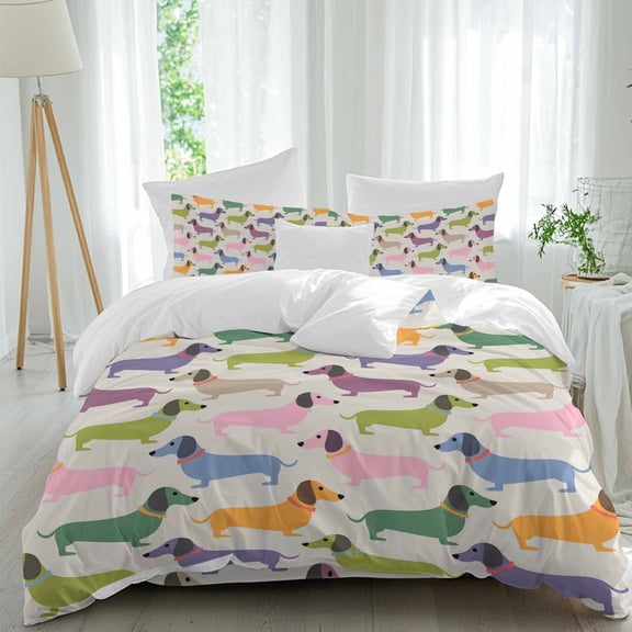Color Dogs Queen Size Comforter Set, Cute Pink Purple Green Dachshund Animals Bedding for All Seasons, 4 Pcs Bed Set, 1Quiltcover (90"x92") ,1Sheet(94"x116"), 2Pillowcases (30"x20")