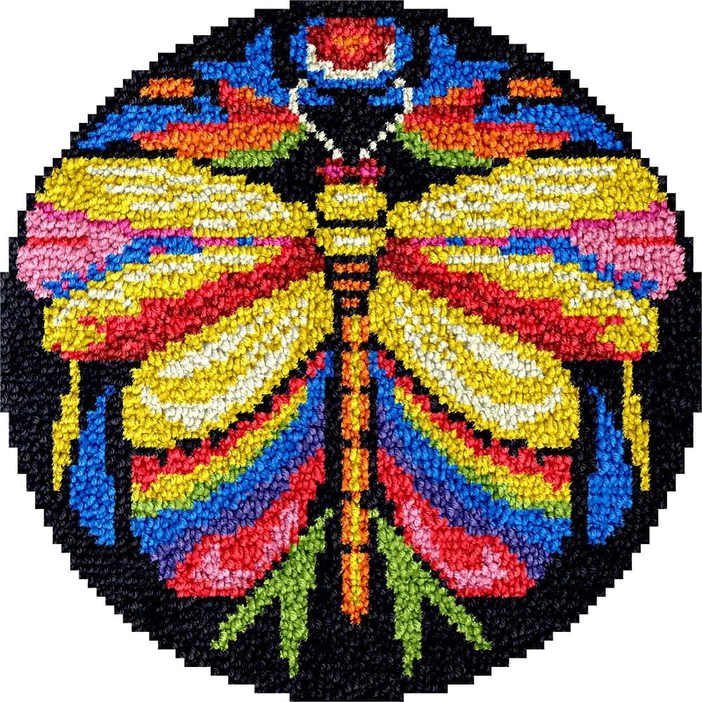 Color Dragonfly Latch Hook Round Rug Kits Set for Starter Crochet Handmade Hooking Cushion Mat Sofa Seat Cushion Crocheting Kits with Preprinted Canvas Crochet Yarn Kits 50X50CM (r61)