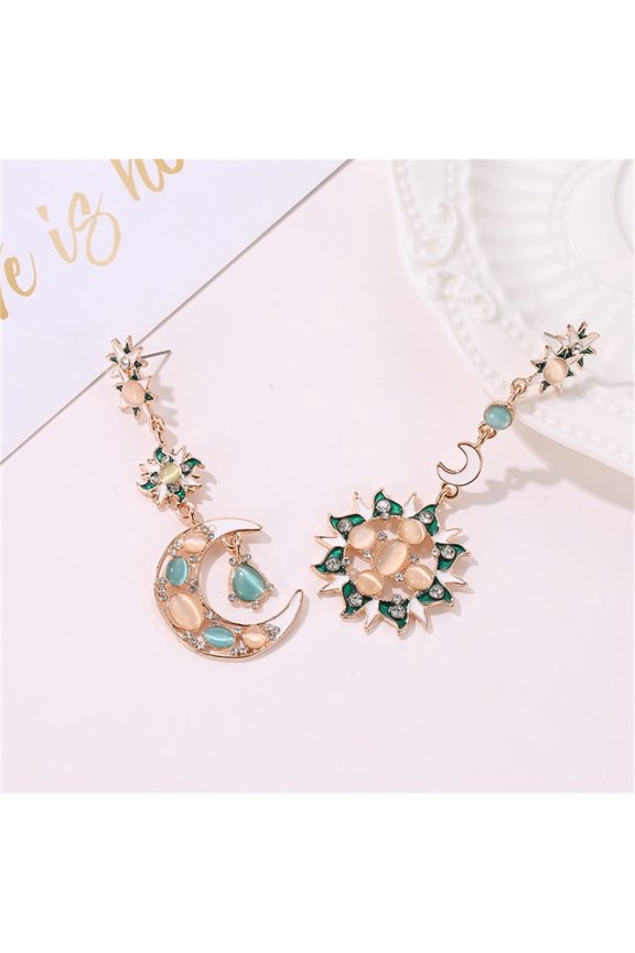 Color Exaggerated Asymmetric Opal Earrings - Sun & Moon Stud Design, Alloy Material, Suitable for Different Occasions
