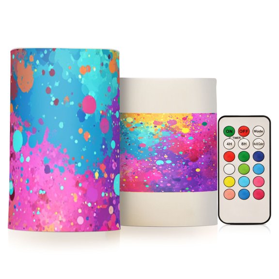 Color Explosion Splash Flickering Flameless Candles Battery Operated with Remote Timer LED Pillar Candles Set of 2