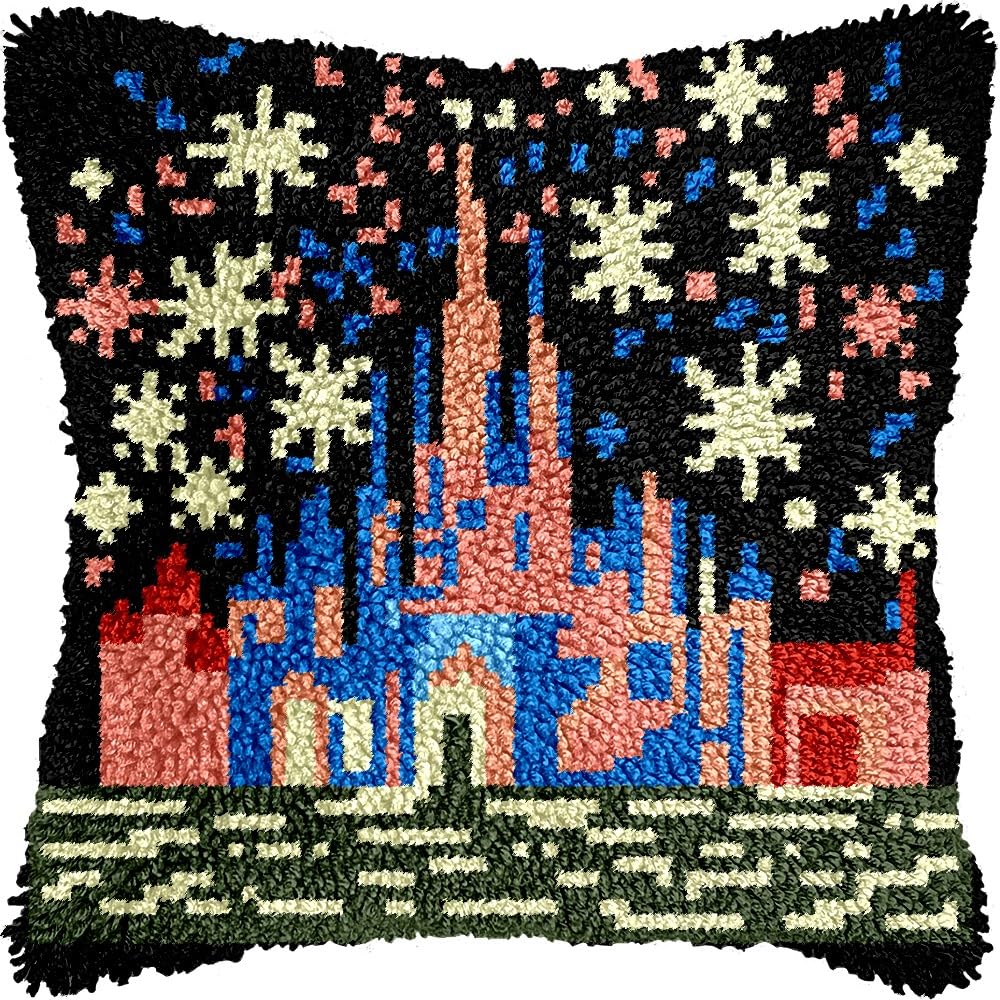 Color Fireworks Castle Latch Hook Pillow Kits for DIY Throw Pillow Cushion Embroidery Latch Hooking Pillowcase Kits with Preprinted Canvas Crochet Yarn Kits for Home Decor 17''X 17''(d51)