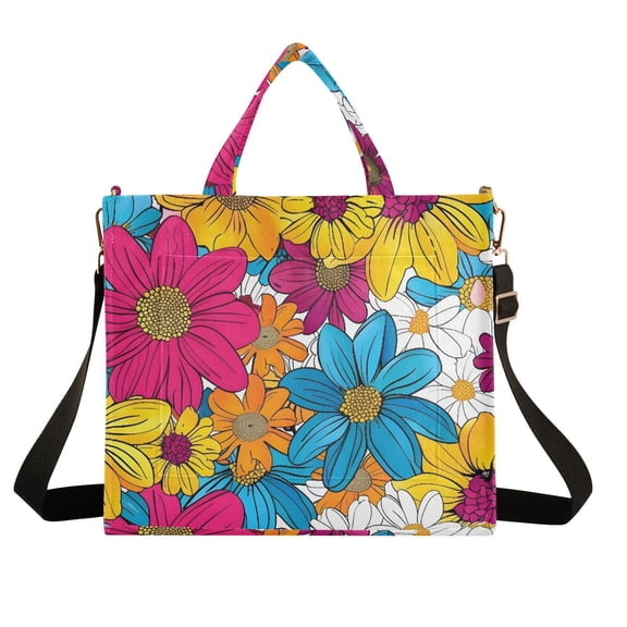 Color Floral Flowers Corduroy Tote Bag Handbag Large Messenger Bag Shoulder Crossbody Zipper Bag Purse