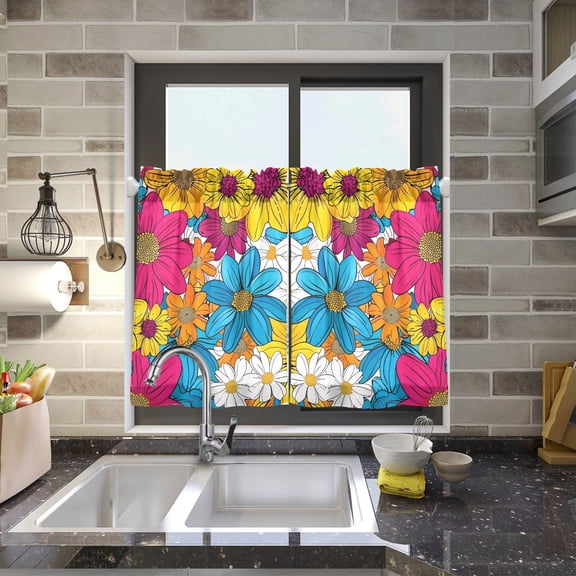 Color Floral Flowers Kitchen Curtains Half Tier Curtain 2 Rod Pockets Bathroom Bedroom Cupborad Living Room 27"x24"