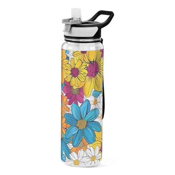 Color Floral Flowers Sports Water Bottle Portable Travel Mug 32oz BPA Free Leak Proof Straw Transparent Tritan for Gym Yoga Cycling Camping