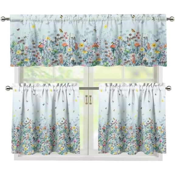 Color Floral Kitchen Curtain Valance and Tiers Set Flowers Window 24" Length Tiers Curtain Window Drapes for Living Room Bedroom Decorations for Home,3 Piece Set