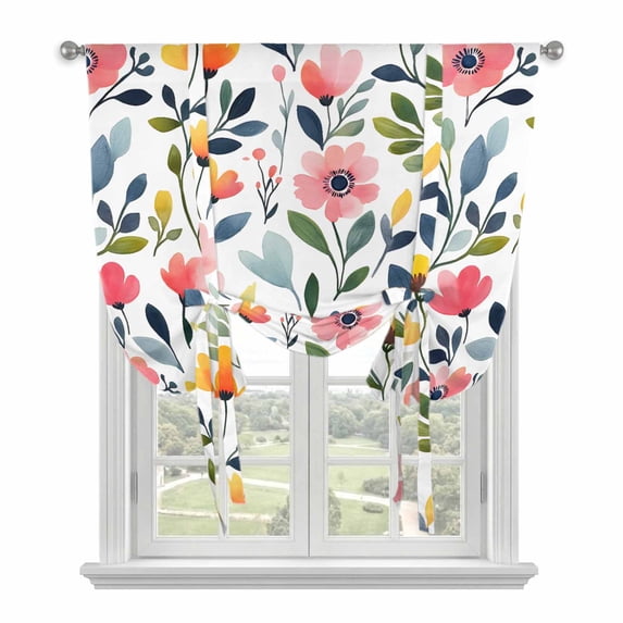 Color Floral Tie Up Curtain 45 Inches Long, Leaves Watercolor Country Botanical Farmhouse Balloon Style Kitchen Window Curtain Over Sink, Small Window Rod Pocket Curtain 52"x45"