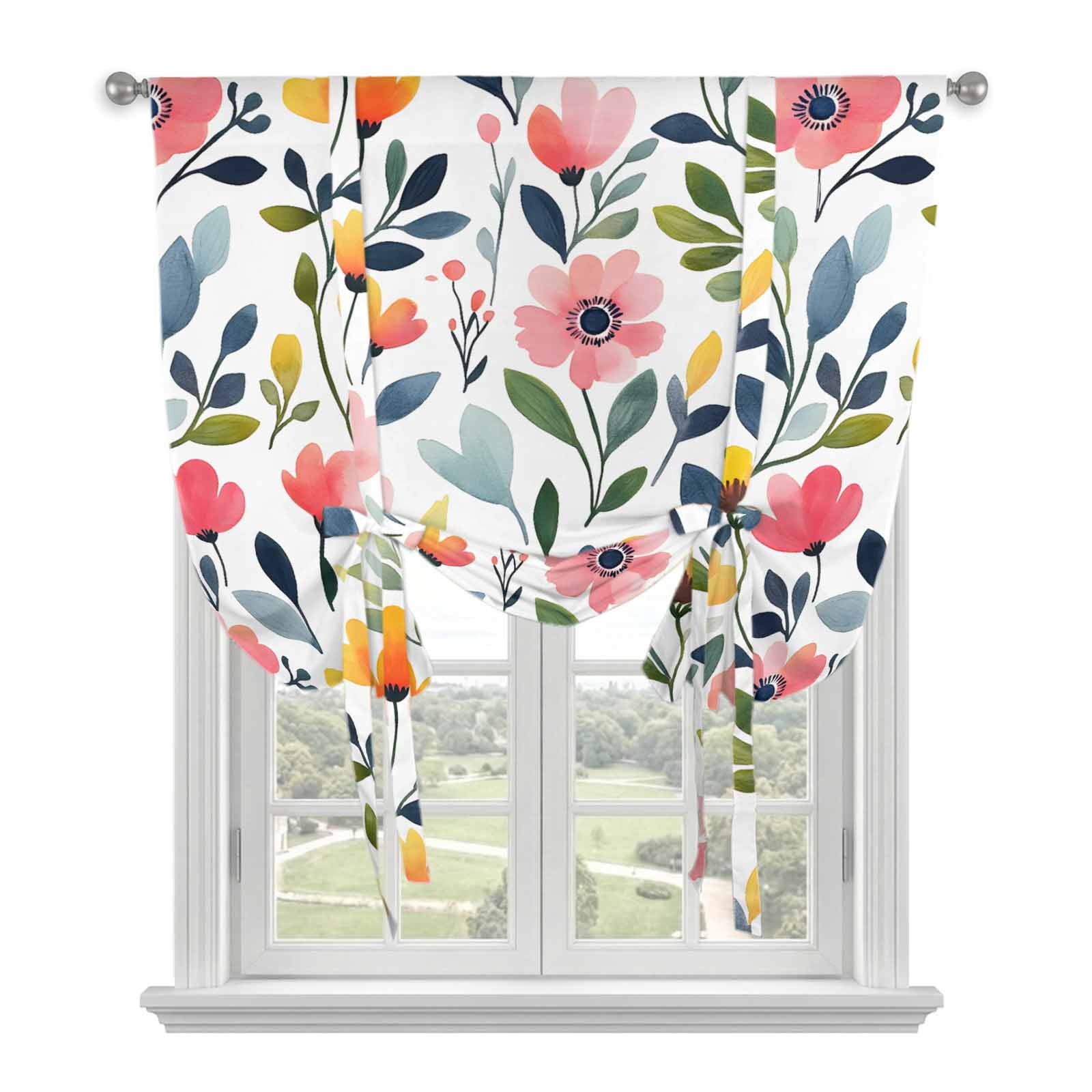 Color Floral Tie Up Curtain 63 Inches Long, Leaves Watercolor Country ...
