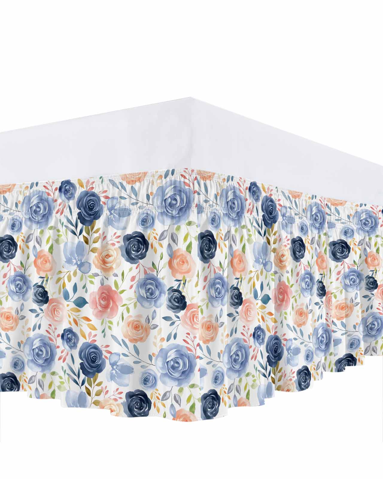 Color Flowers Bed Skirt King Size 18 Inch Drop, Pink Blue Flowers Green Leaf Decoration Adjustable Elastic Dust Ruffles Bedskirt for King Bed Wrap Around Pleated Mattress Frame Cover