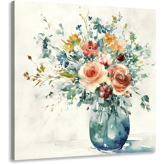 Color Flowers Pictures Decor Wall Art Watercolor Floral Painting on Vase Colorful Canvas Artwork for Bathroom Walls Decoration 12x12
