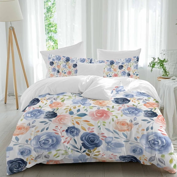 Color Flowers Queen Size Comforter Set, Pink Blue Flowers Green Leaf Decoration Bedding for All Seasons, 4 Pcs Bed Set, 1Quiltcover (90"x92") ,1Sheet(94"x116"), 2Pillowcases (30"x20")