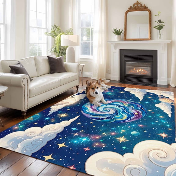 Color Galaxy Star Area Rugs 5x7 ft Moon Earth Planets Cloud Dreamy Universe Washable Rug Non Slip Indoor Carpet Absorbent Floor Mat for Living Room Bedroom Dining Room