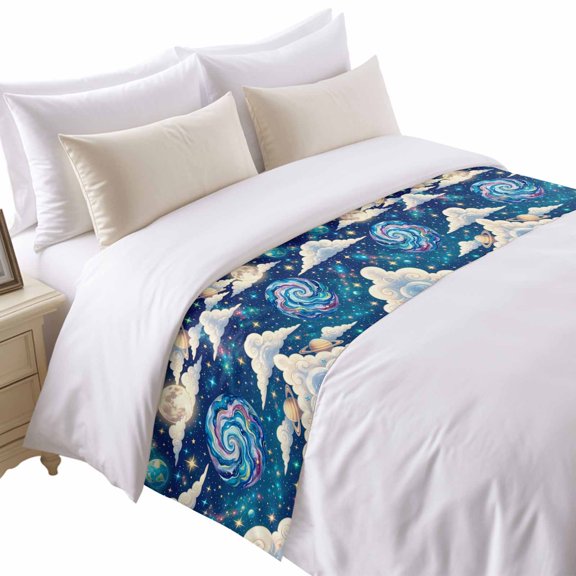 Color Galaxy Star Bed Runner for Twin Size Bed, Moon Earth Planets Cloud Dreamy Universe Soft Bedding Scarf Bedding Protector Slipcover Sofa Throw for Bedroom Hotel Guesthouse