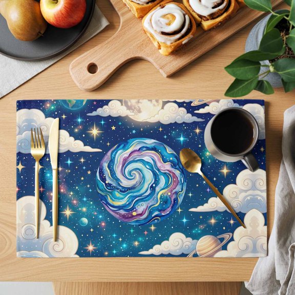 Color Galaxy Star Placemats Set of 8, Moon Earth Planets Cloud Dreamy Universe Heat Insulated Linen Place Mats, Washable Stain-Proof Table Mats for Dining Tables Holiday Decor 13x19 Inches