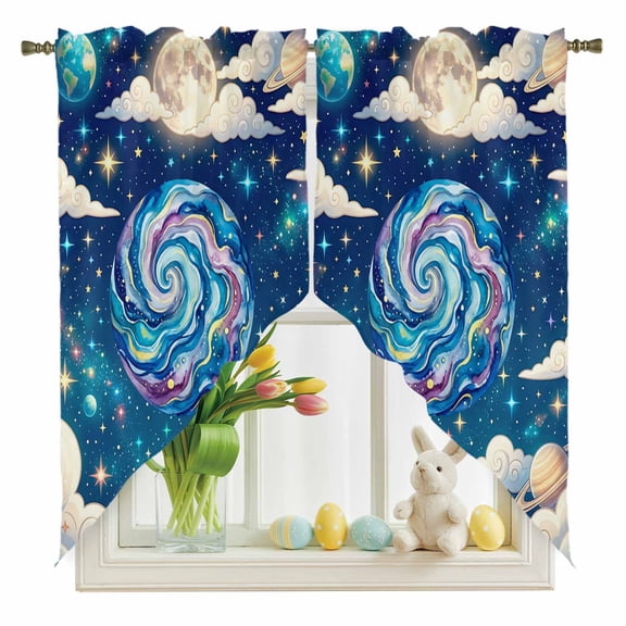 Color Galaxy Star Swag Kitchen Curtain Valances, Moon Earth Planets Cloud Dreamy Universe Rod Pocket Curtains Window Treatment Decor Valances for Bedroom Bathroom, 2 Panels 28 x 36 Inch