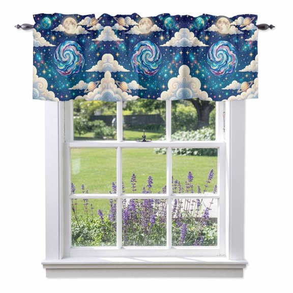 Color Galaxy Star Valances for Windows Moon Earth Planets Cloud Dreamy Universe Rod Pocket Cafe Window Treatments Valance Curtains for Kitchen Bathroom Laundry Basement Windows 60"x14"