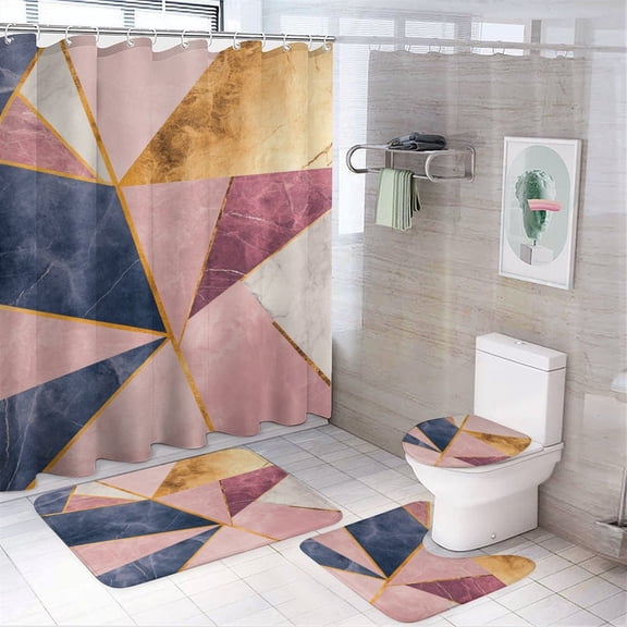 Color Geometry (62) Shower Curtain Set Waterproof Bathroom Toilet Seat Cover Bath Non-slip Mat Rug Carpet Bath Decor 4pcs