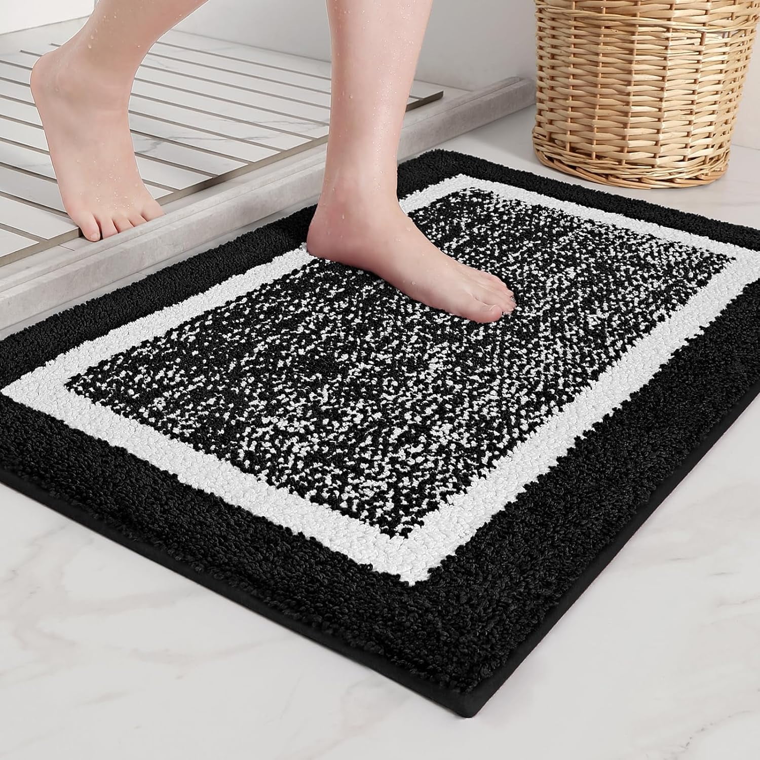 Color&Geometry Black And White Bathroom Rug Absorbent And NonSlip