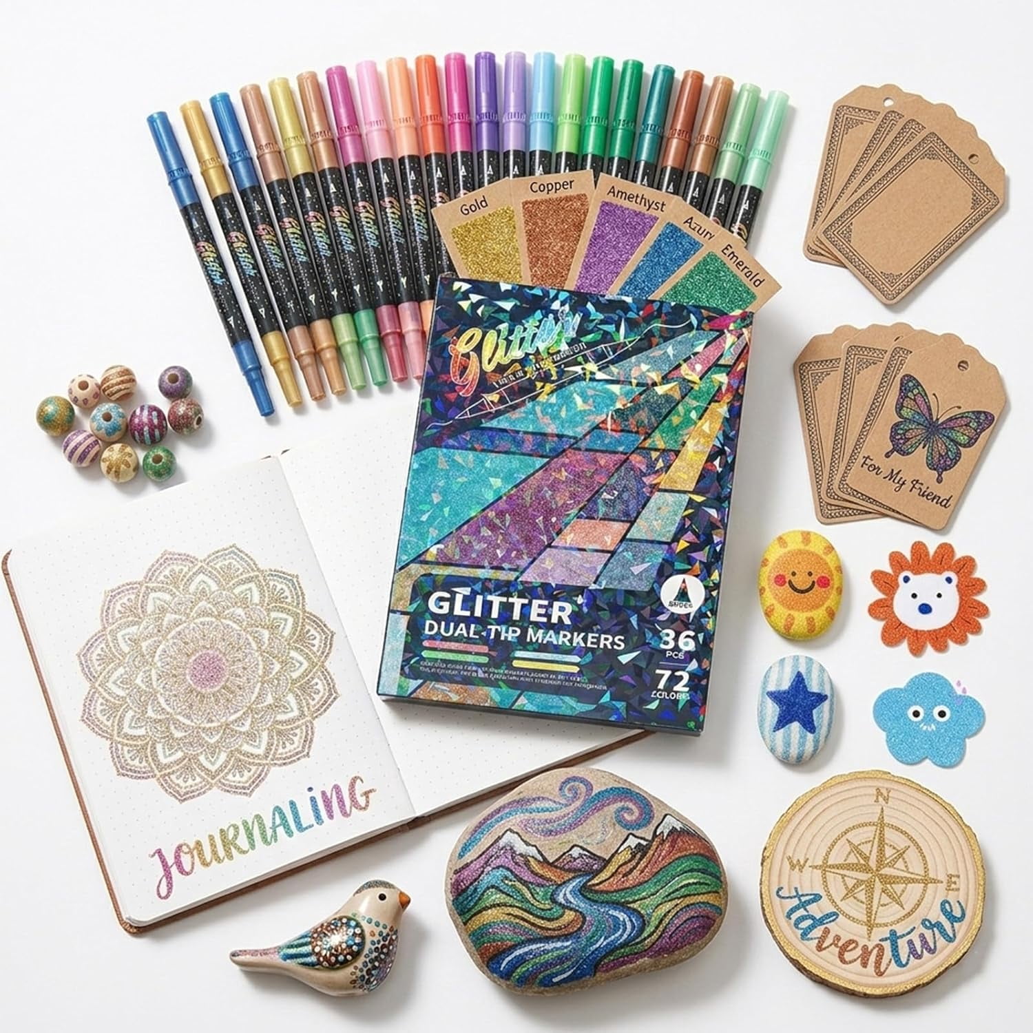 Color Glitter Effect Brush Marker Set, Dual Tip Metallic Shimmer Pens with Brush & Fine Tip for Coloring, Card Making & Art Projects