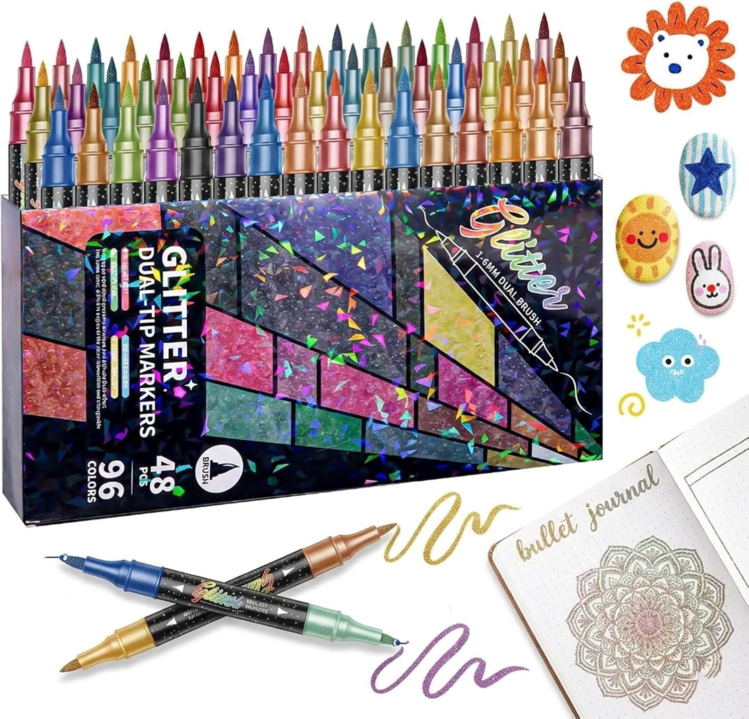 Color Glitter Effect Brush Marker Set, Dual Tip Metallic Shimmer Pens with Brush & Fine Tip for Coloring, Card Making & Art Projects