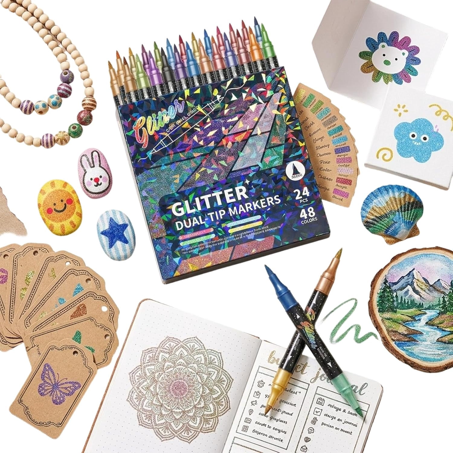 Color Glitter Effect Brush Marker Set, Dual Tip Metallic Shimmer Pens with Brush & Fine Tip for Coloring, Card Making & Art Projects