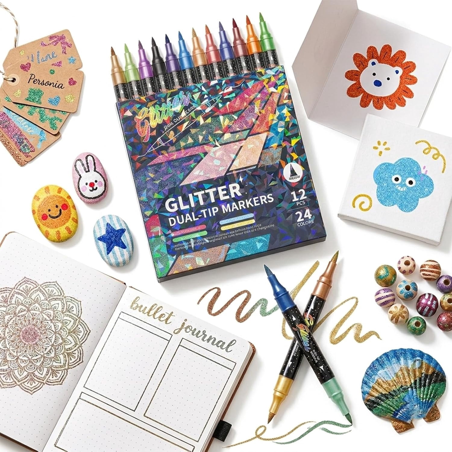 Color Glitter Effect Brush Marker Set, Dual Tip Metallic Shimmer Pens with Brush & Fine Tip for Coloring, Card Making & Art Projects