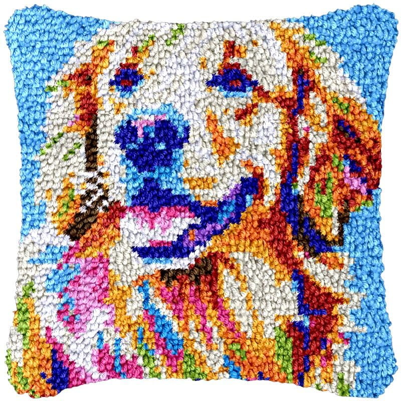 Color Golden Retriever Latch Hook Pillow Cover Kits for DIY Cushion Cross Stitch Crochet Hooking Latch Hook Pillowcase Rug Kits with Preprinted Canvas Crochet Yarn Kits Needlework Crafts 17'' X 17''