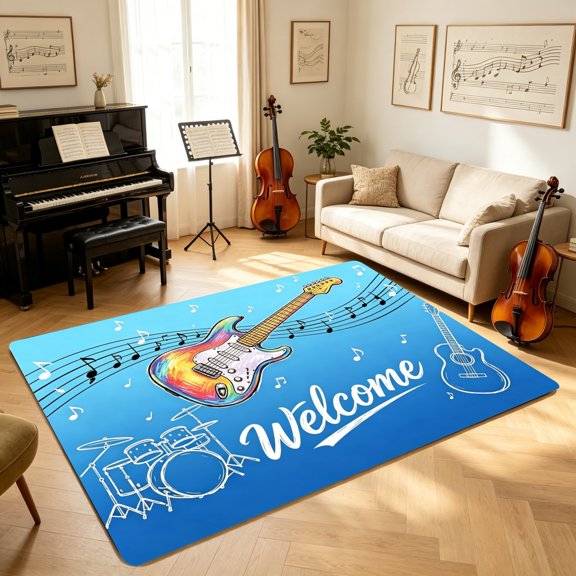 Color Gradient Acoustic Electric Guitar Music Floor Mat, Living Room Bedroom Kitchen Decor Mat, Holiday Housewarming Gift for Musicians