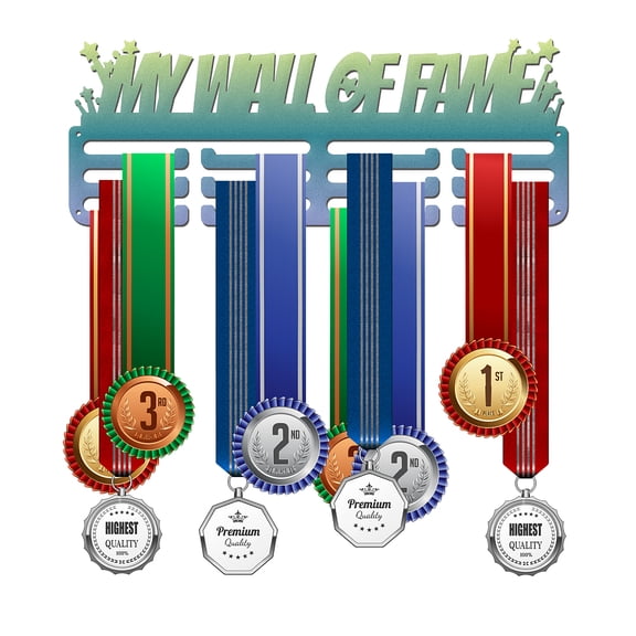 Color Gradient Iron Medal Holder Medals Display Hanger Rack Medal Holder Frame Rectangle with Word MY WALL OF FAVE Sea Green 150x400x2mm for DIY