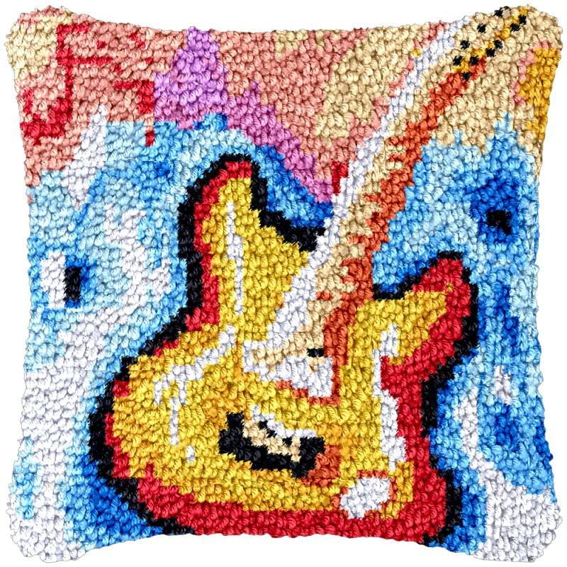 Color Guitar Latch Hook Pillow Cover Kits for DIY Handmade Throw Pillow Cross Stitch Latch Hook Pillowcase Rug Cushion Kits with Preprinted Canvas Crochet Yarn Kits Needlework 17'' X 17''