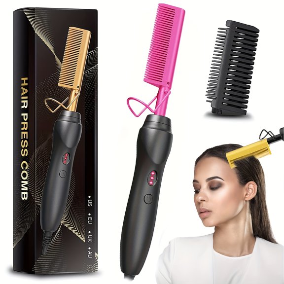 Color Hot Comb Hair Straightener Heat Pressing Combs - Ceramic Electric Hair Straightening Comb, Curling Iron for Natural Hair Beard Wigs Hair Tools, Holiday Gifts (Bonus: 2 Clips + 1 Comb)