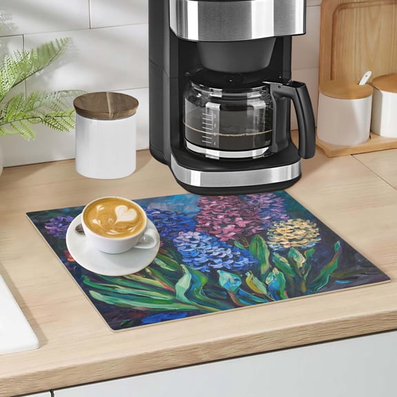 Color Hyacinths Flower Dish Drying Mat 12"x18" Kitchen Counter Dish Pad Microfiber Absorbent Drainer Rack for Coffee Bar