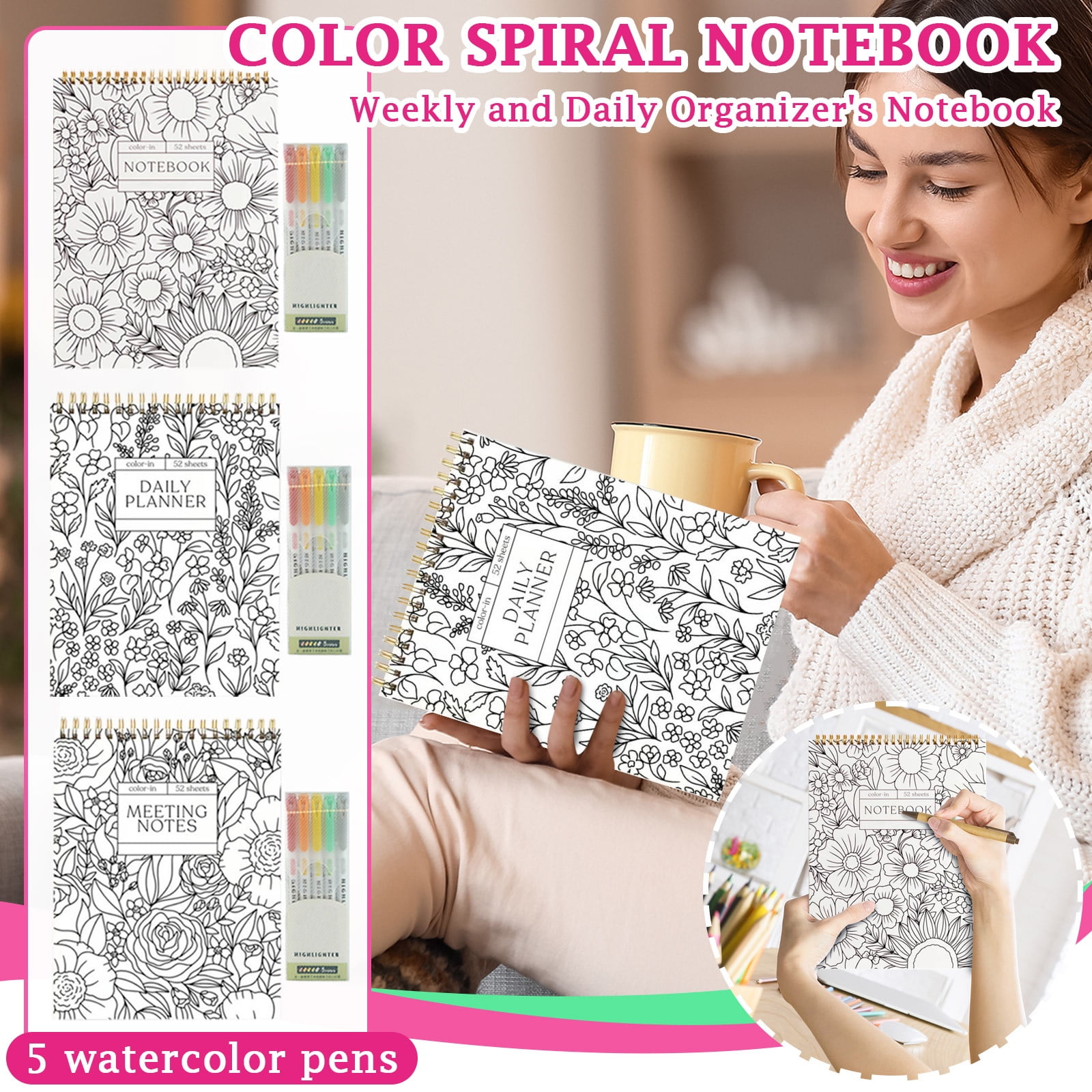 Highlighter Task Color-In Spiral Meeting Notes with 5 Highlighter,Task Management ...