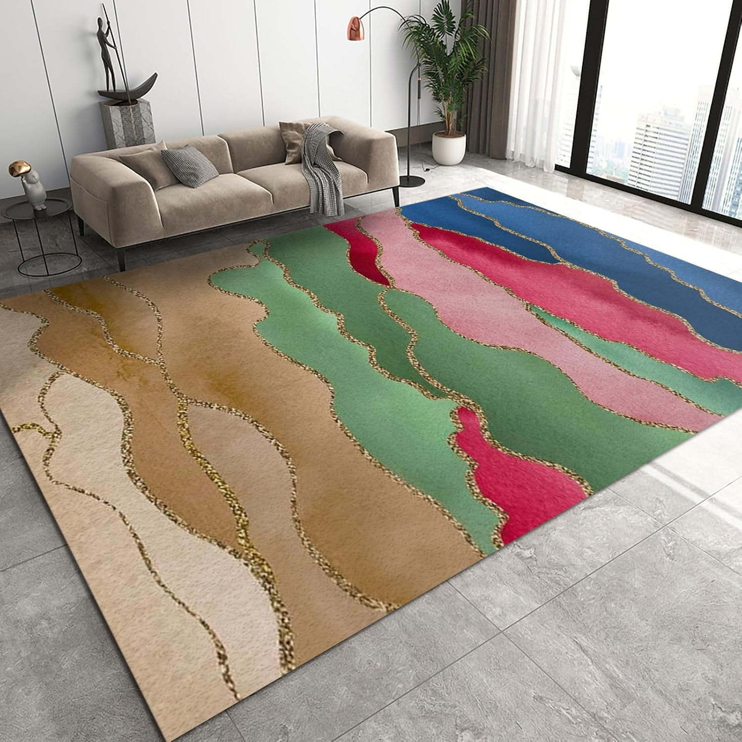 Color Irregular Graphics Rug, Golden Stitching Line Floor Carpet, Soft ...