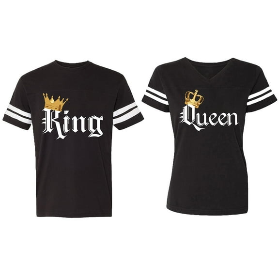 Color King Queen Matching Couple Cotton Jerseys (Men Black / Women Black) (Men S / Women L)