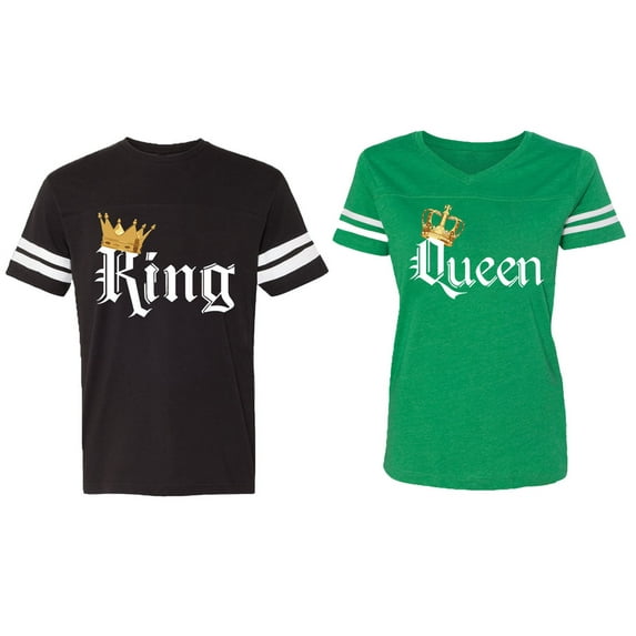 Color King Queen Matching Couple Cotton Jerseys (Men Black / Women Green) (Men L / Women L)
